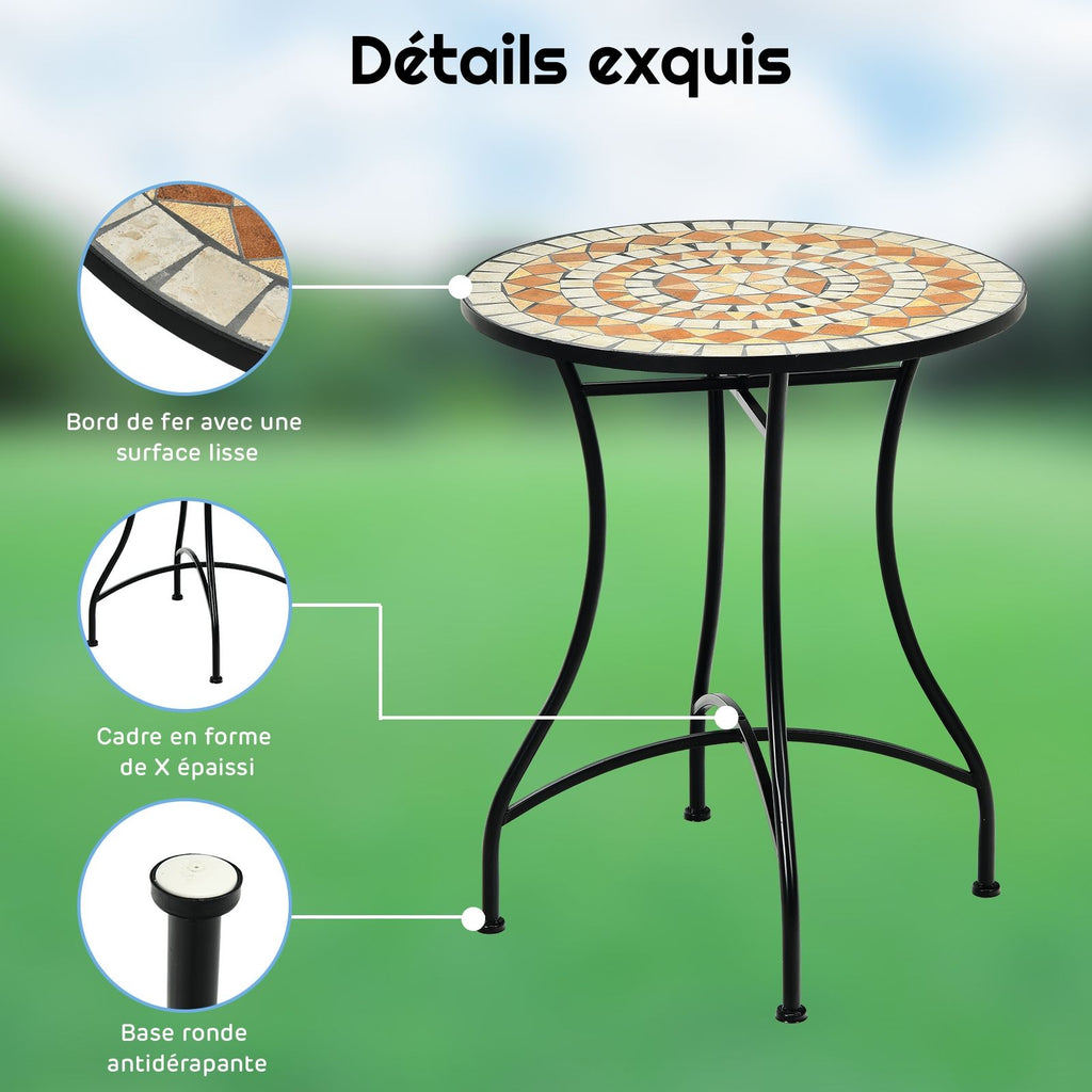 Table de Jardin Style Mosa茂que Cadre en Fer et Rev锚tement Antirouille pour 60 x 60 x 72 CM -