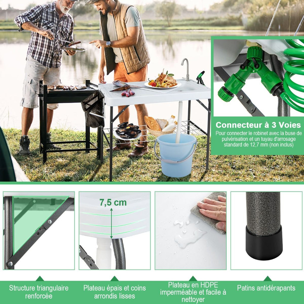 Table de Pêche Pliante avec Robinet Rotatif 360° Table Camping Portable pour Nettoyage Poisson en Acier&HDPE avec Évier et Support de Grille Charge 150KG -