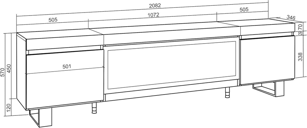 Skraut Home | Meuble TV | Banc Télé | Grand Espace de Rangement | 210 | pour Les TV jusqu'à 80" | Cheminée électrique XXL | Design Industriel | Style Moderne | Chêne