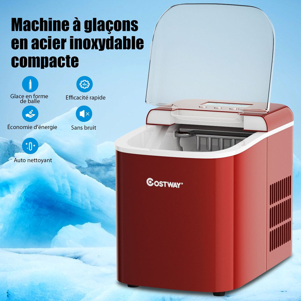 Machine  Glaons 12KG/24H 2 Tailles de Glaons 2,1L Rservoir 9pcs en 7 Minutes Pelle Panier Amovible Comptoir Maison Rouge -