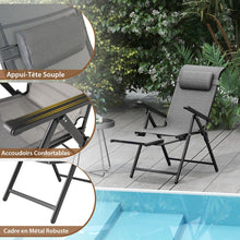 Load image into Gallery viewer, Lot de 2 Chaises Longues Pliantes et Inclinables Dossiers et Accoudoirs Réglables à 10 Niveaux Repose-Pied Rétractable Capacité 150 Kg Gris -