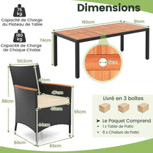 Load image into Gallery viewer, Salon de Jardin en Rotin 9 Pices Plateau de Table en Acacia Ensemble de Salle  Manger avec Coussins Amovibles Trou Charge 180KG Beige+Noir -