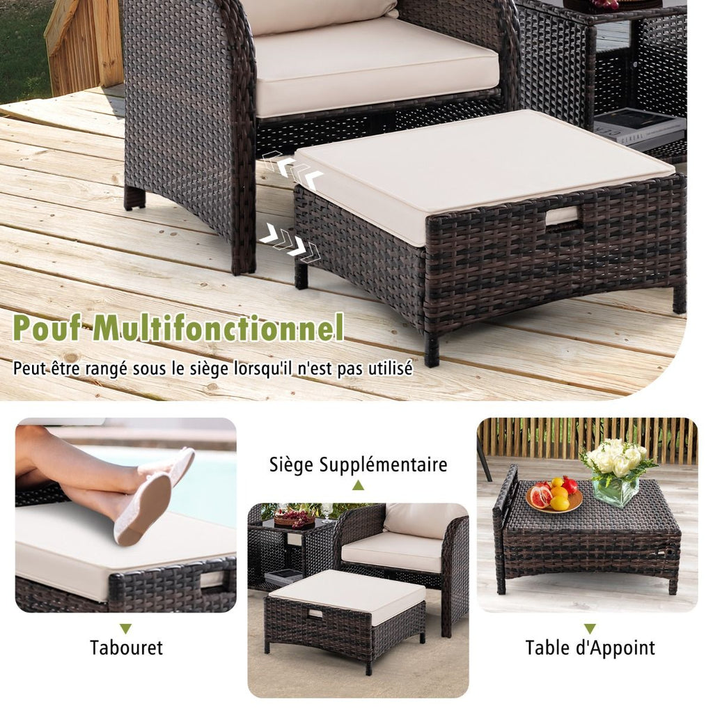 Meubles de Patio 5 Pices Ensemble de Canap d'Extrieur en Rotin avec 2 Chaises 2 Poufs et 1 Table Basse Coussins Doux Plateau en Verre Tremp Beige -