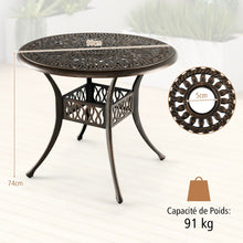 Load image into Gallery viewer, Table Jardin Ronde en Aluminium coulé 90x90x74CM avec Trou pour Parasol 5CM Table Extérieure avec Pied Réglable Antidérapant -
