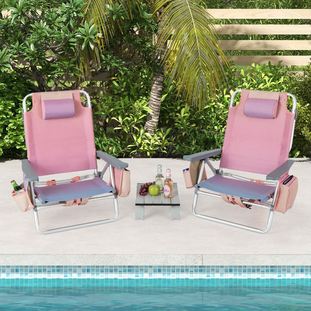 Lot de 2 Chaises de Camping Plage Pliante Table Enroulable en Aluminium Appui-tête Dossier Réglable à 5 Positions 6 Couleurs au Choix -