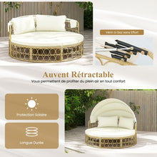 Load image into Gallery viewer, Lit de Repos Rond pour Patio avec Auvent Rtractable Ensemble de Sige Sectionnels Spars en Rotin PE avec Coussins Doux Blanc -