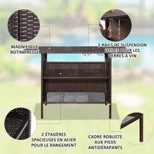 Load image into Gallery viewer, Table de Bar de Jardin en Résine Tressée avec 2 Etagères de Rangement 2 de Rails pour Porte-Verres Marron -