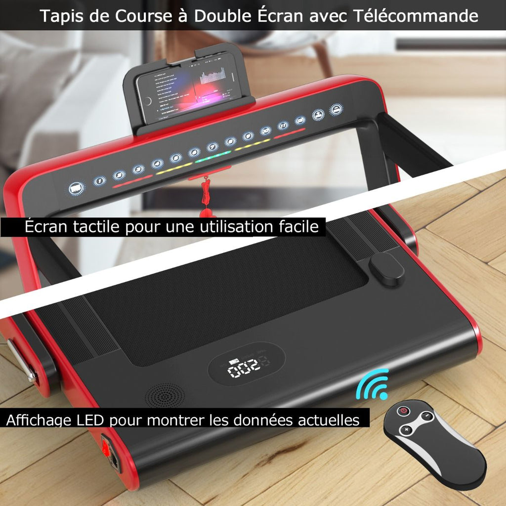 Tapis de Course Pliable 0,75HP Double Affichage LED APP et Télécommande Vitesse Motorisé 12 km/h Surface 40x100cm Rouge -