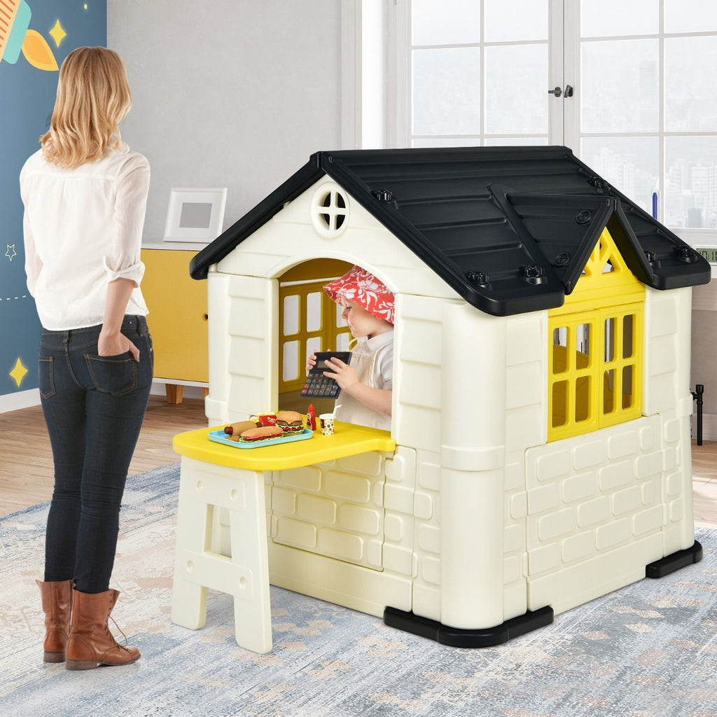 Maison Chef House -Thme Burger Bar - Table de Pique Nique Cabane de Jardin Anti-UV en Plastique 164x124x132 cm Bleu/Rose/Jaune -