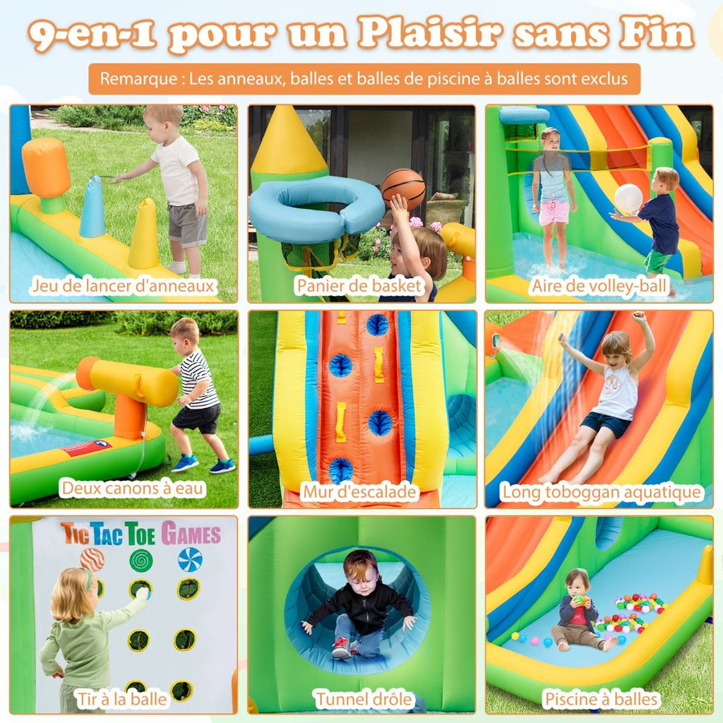 Toboggan Aquatique Gonflable Géant pour Enfants Piscine à Éclaboussures sures Mur D'escalade Canons à Eau Lancer D'anneaux Cerceau (sans Souffleur) Multicolore -