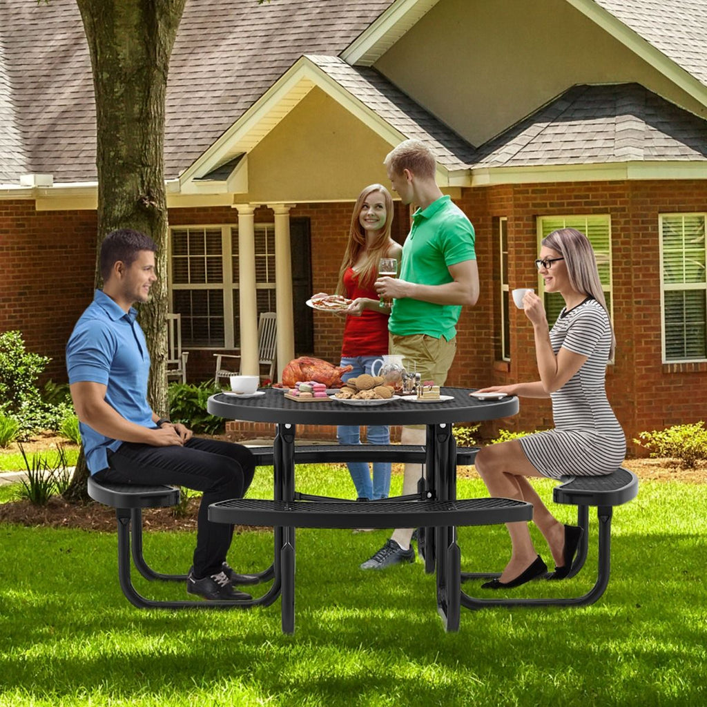 Table de Pique-Nique Ronde avec 4 Bancs Intégrés pour 8 Personnes Table de Camping en Métal avec Sièges et Trou pour Parasol 202x75cm Noir -