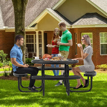 Load image into Gallery viewer, Table de Pique-Nique Ronde avec 4 Bancs Intégrés pour 8 Personnes Table de Camping en Métal avec Sièges et Trou pour Parasol 202x75cm Noir -