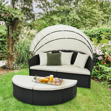 Load image into Gallery viewer, Lit Canapé de Jardin Rond en Rotin PE Auvent Rétractable Coussins et Oreillers Amovibles Salon de Jardin Modulable Blanc -