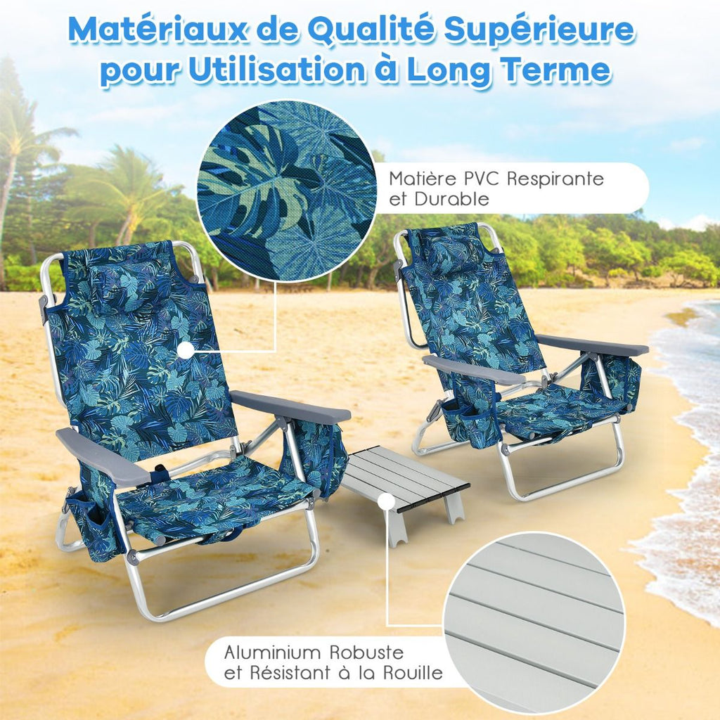 Lot de 2 Chaises de Camping Plage Pliante Table Enroulable en Aluminium Appui-tête Dossier Réglable à 5 Positions 6 Couleurs au Choix -