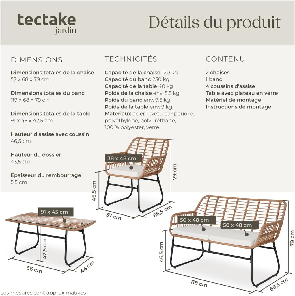 TecTake® Salon de Jardin Extérieur en Poly Rotin 4 Personnes Ensemble Canapé 2 Places 2 Fauteuil Salon et Table de Jardin, Coussins Amovibles Inclus, Amenagement Balcon Terrasse Veranda