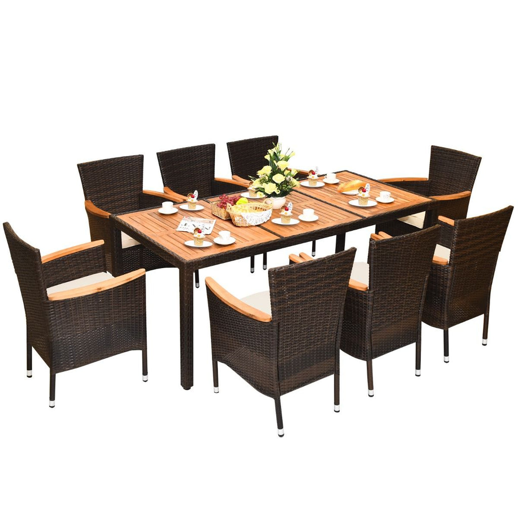 Salon de Jardin en Rotin 9 Pièces pour 8 Personnes Plateau de Table en Acacia Ensemble de Salle à Manger avec Coussins Amovibles Charge 160KG -