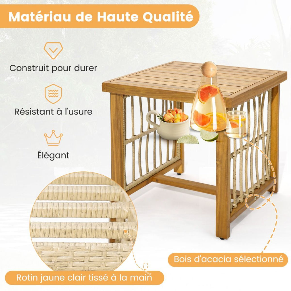 Salon de Jardin avec 1 Table et 2 Fauteuils en Bois d'Acacia et Rotin Anti-UV Pieds Réglables Coussins avec Zip Nautel -