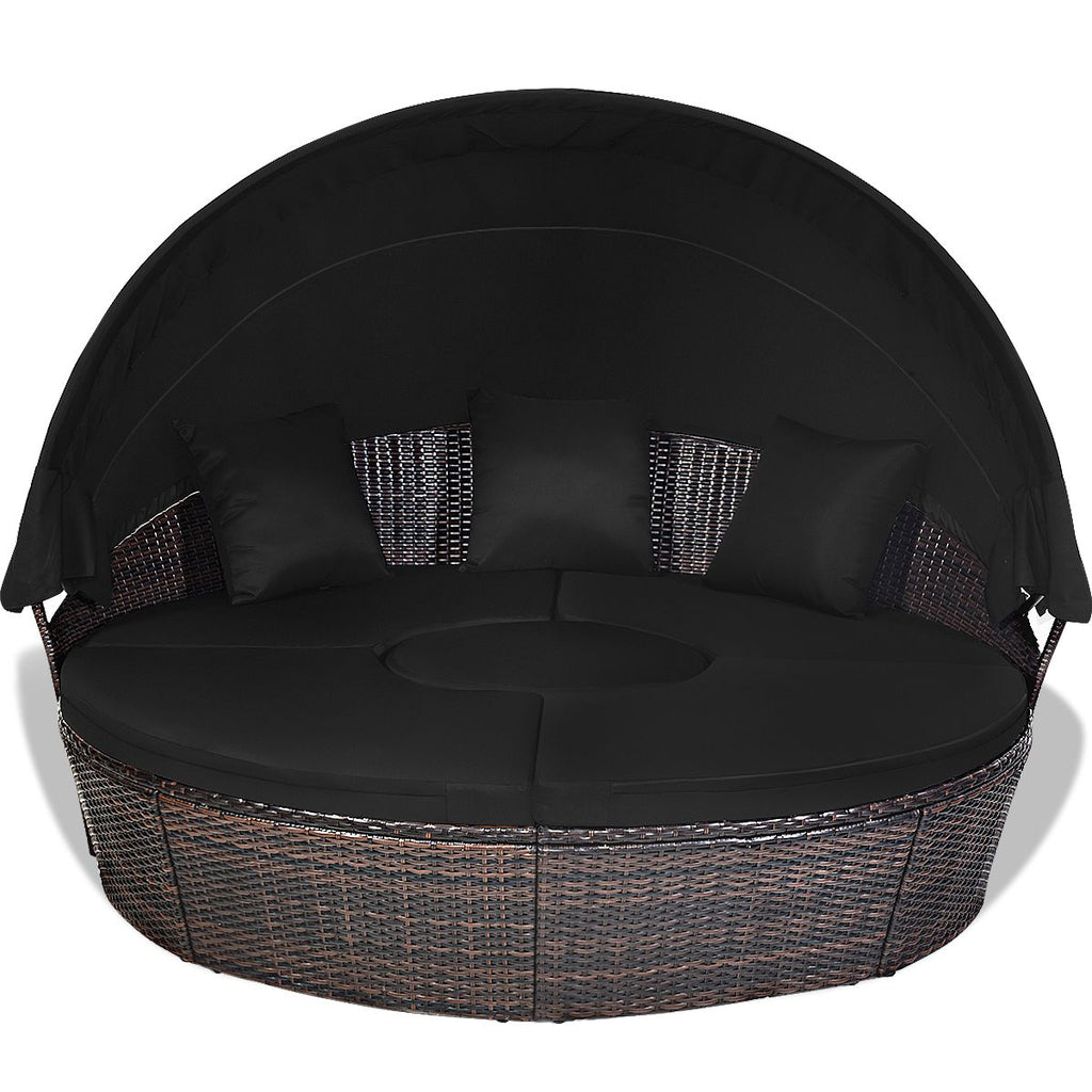 Lit de Jardin Rond d'Exterieur Table Relevable Modulable & Convertible - Pare Soleil Réglable rotin PE Coussins Inclus Noir -