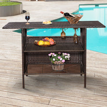 Load image into Gallery viewer, Table de Bar de Jardin en Résine Tressée avec 2 Etagères de Rangement 2 de Rails pour Porte-Verres Marron -