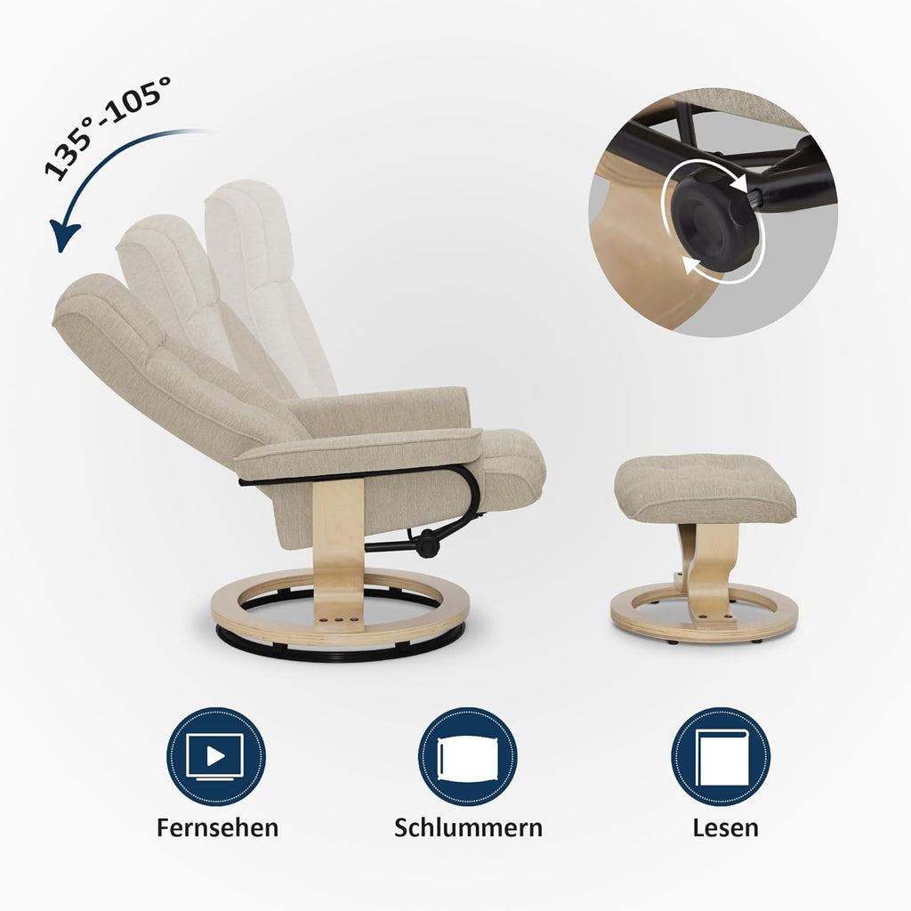 M MCombo Fauteuil Relax avec Pouf, Fauteuil TV pivotant à 360° avec Fonction Chaise Longue, Fauteuil TV supportant jusqu'à 120 Kg, Fauteuil de Repos pour Le Salon, 9019 (Tissu, Beige)