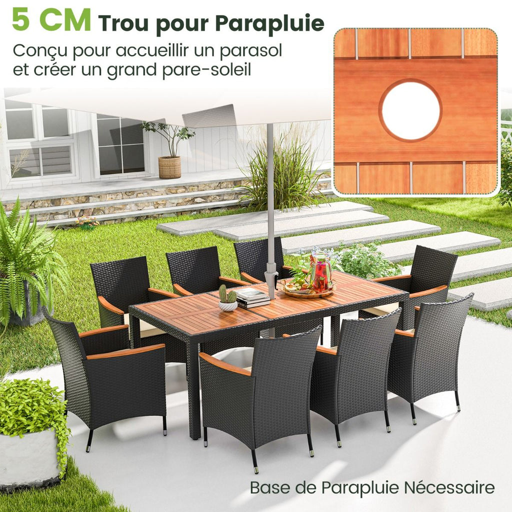 Salon de Jardin en Rotin 9 Pièces Plateau de Table en Acacia Ensemble de Salle à Manger avec Coussins Amovibles Trou Charge 180KG Beige+Noir -
