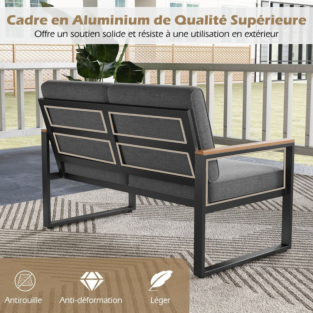 Salon de Jardin 2 Pièces avec Table Basse Causeuse Ensemble de Meubles d'Extérieur en Aluminium avec Accoudoirs Gris -