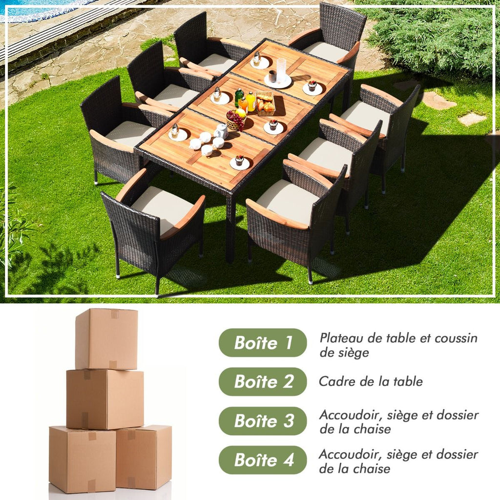 Salon de Jardin en Rotin 9 Pièces pour 8 Personnes Plateau de Table en Acacia Ensemble de Salle à Manger avec Coussins Amovibles Charge 160KG -