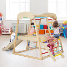 Load image into Gallery viewer, Triangle d'Escalade 6 en 1 en Bois avec Toboggan et Filet Barre pour Grimper Ramper et Glisser 1 An+ Coloré/Naturel -