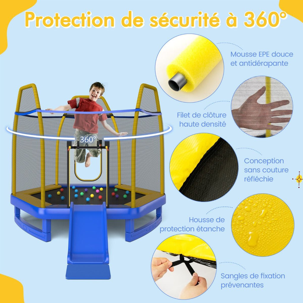 Trampoline Extérieur Ø 223cm avec Toboggan&Echelle avec Filet de Sécurité 2 Portes en U Charge 270kg pour 2-3 Enfants de 3 Ans+ Bleu/Vert -