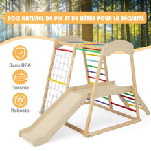 Load image into Gallery viewer, Triangle d'Escalade 6 en 1 en Bois avec Toboggan et Filet Barre pour Grimper Ramper et Glisser 1 An+ Coloré/Naturel -