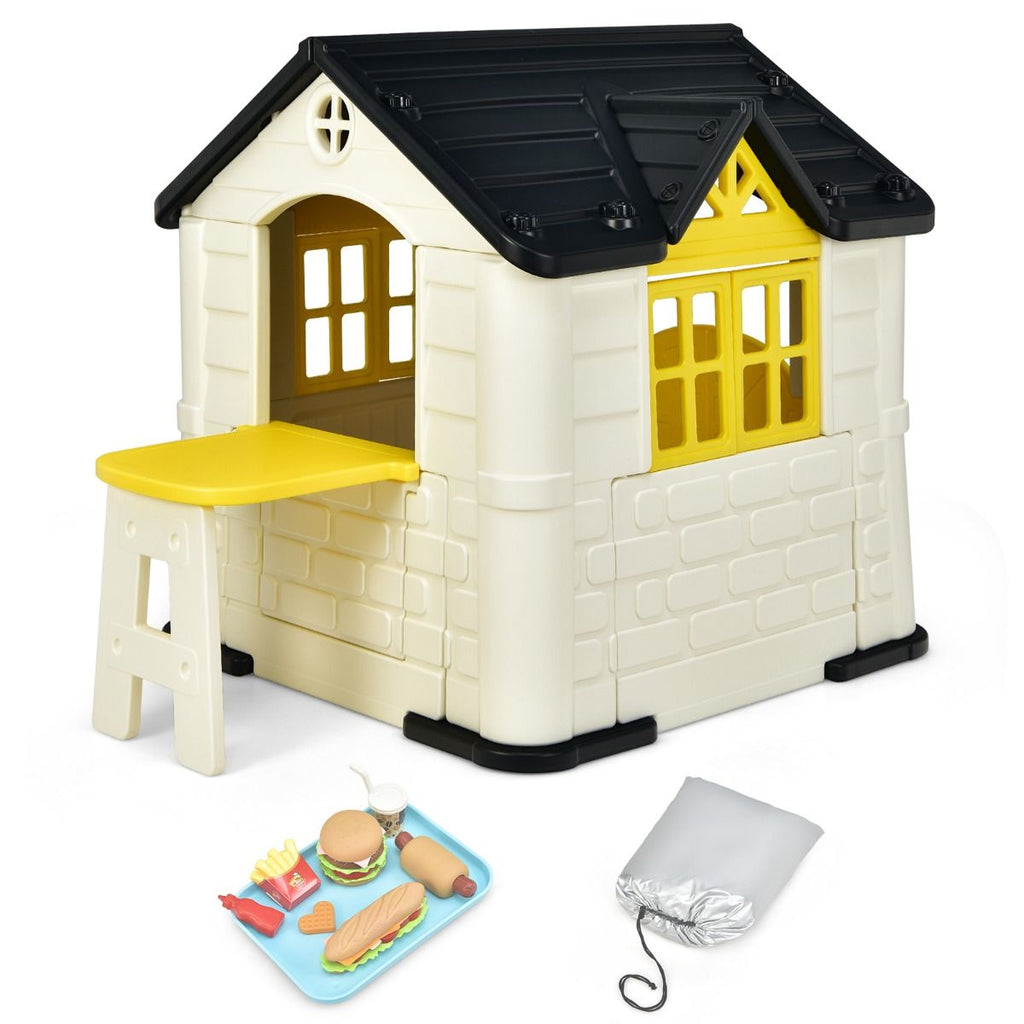 Maison Chef House -Thme Burger Bar - Table de Pique Nique Cabane de Jardin Anti-UV en Plastique 164x124x132 cm Bleu/Rose/Jaune -
