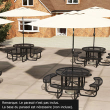 Load image into Gallery viewer, Table de Pique-Nique Ronde avec 4 Bancs Intégrés pour 8 Personnes Table de Camping en Métal avec Sièges et Trou pour Parasol 202x75cm Noir -