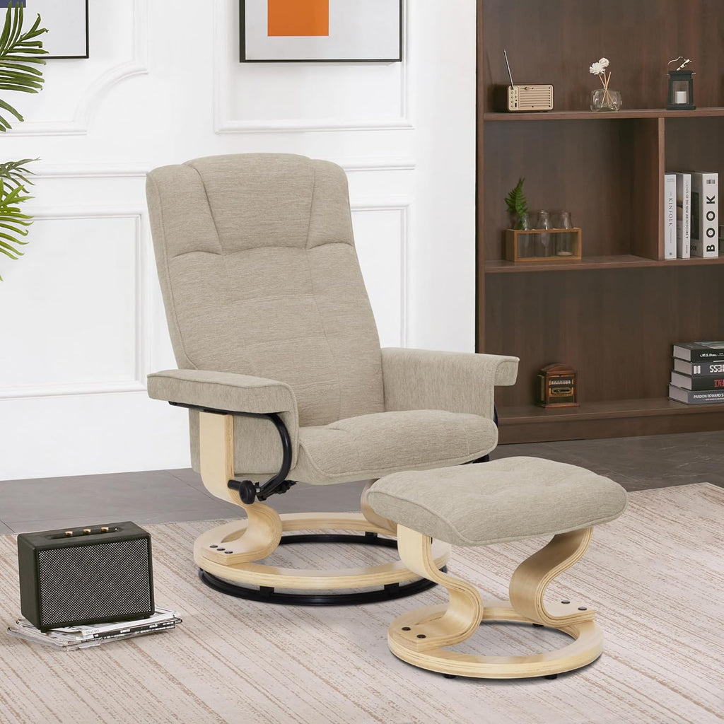 M MCombo Fauteuil Relax avec Pouf, Fauteuil TV pivotant à 360° avec Fonction Chaise Longue, Fauteuil TV supportant jusqu'à 120 Kg, Fauteuil de Repos pour Le Salon, 9019 (Tissu, Beige)