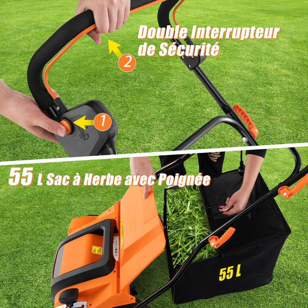 Scarificateur Électrique 2 en 1 de 15A avec Double Interrupteur de Sécurité Réglable Sac de Ramassage 55 L Scarificateur Orange/Vert -