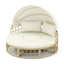 Load image into Gallery viewer, Lit de Repos Rond pour Patio avec Auvent Rtractable Ensemble de Sige Sectionnels Spars en Rotin PE avec Coussins Doux Blanc -