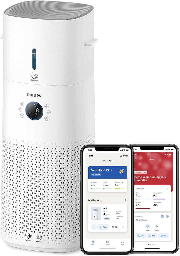 Philips Purificateur d'air et humidificateur 2 en 1 Séries 3000, 131 m2, Filtres NanoProtect HEPA et à charbon actif éliminant 99,97% des particules invisibles, Blanc (AC3737/10)