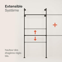 Load image into Gallery viewer, pamo penderie murale - capacité de charge 400 kg - penderie ouverte ou porte-manteau en métal noir industriel fabriqué à partir des tuyaux d’eau
