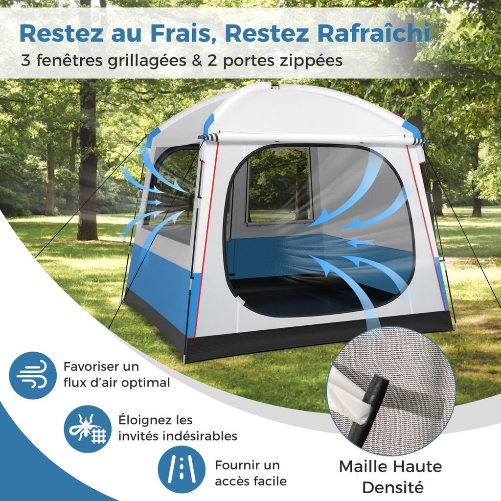 Tente de Camping pour 5 Personnes Tente D么me tanche avec Porte et Fen锚tres en Maille Sac de Transport 248x248x230cm Bleu + Blanc -