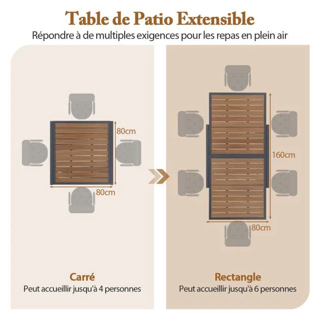 Table de jardin extensible en aluminium ajustable de 80 à 160 cm table à manger extérieure rectangulaire pour 4-6 personnes naturel 20_0009421 -