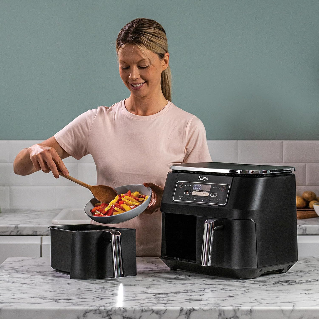 Foodi FlexDrawer Air Fryer,Dual Zone Avec Sparateur Amovible,Grand Tiroir de 10,4 L,7-en-1,Double Zone,Sans Huile,Pices Antiadhsives Compatibles Au Lave-Vaisselle,Noir AF500EU