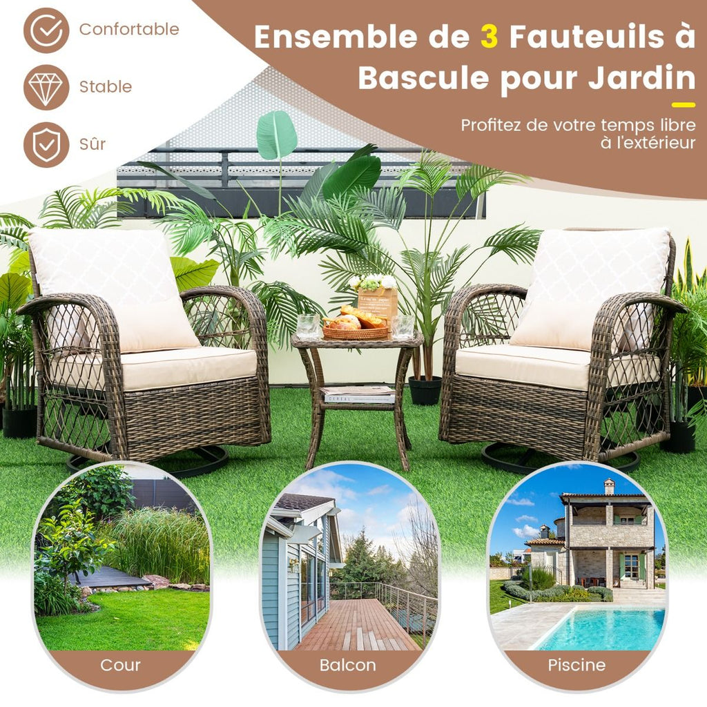 Salon de Jardin Extérieur 3PCS - 2 en Fauteuils à Bascule Pivotant à 360°Rotin PE Cadre Métal our Terrasse Balcon -
