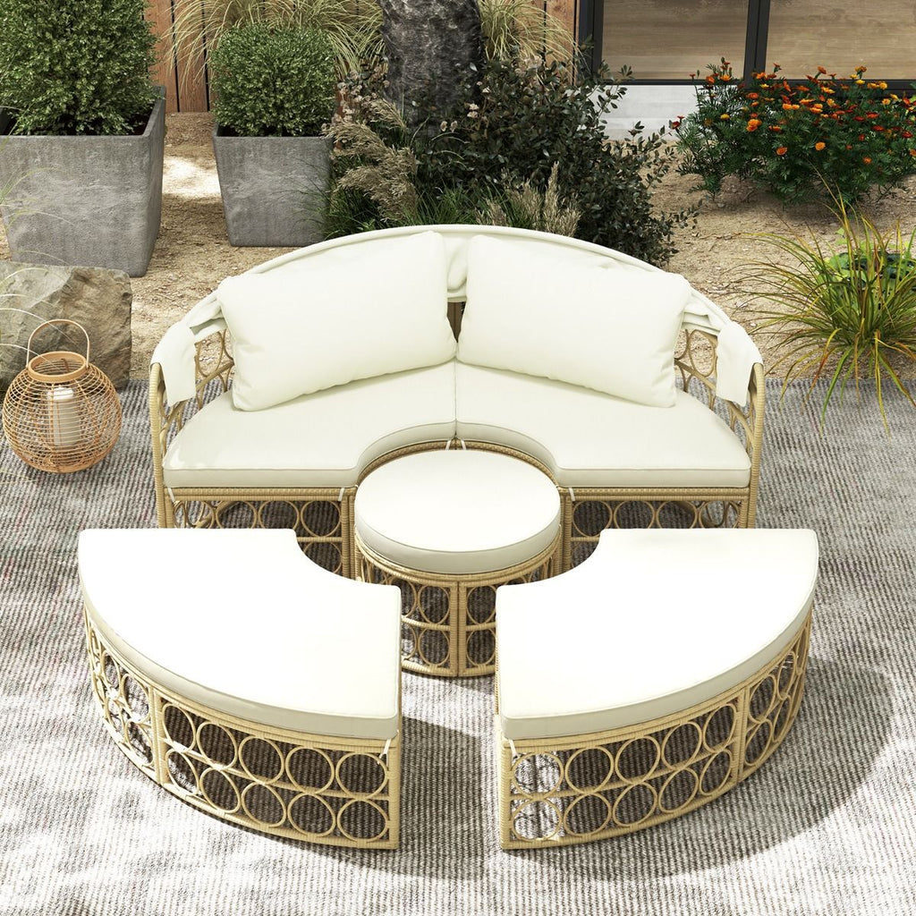 Lit de Repos Rond pour Patio avec Auvent Rétractable Ensemble de Siège Sectionnels Séparés en Rotin PE avec Coussins Doux Blanc -