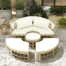 Load image into Gallery viewer, Lit de Repos Rond pour Patio avec Auvent Rétractable Ensemble de Siège Sectionnels Séparés en Rotin PE avec Coussins Doux Blanc -