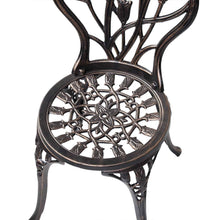 Load image into Gallery viewer, Salon de jardin avec 1 table ronde et 2 chaises en fonte d’aluminium Style rétro avec motif tulipe avec trou de parasol -