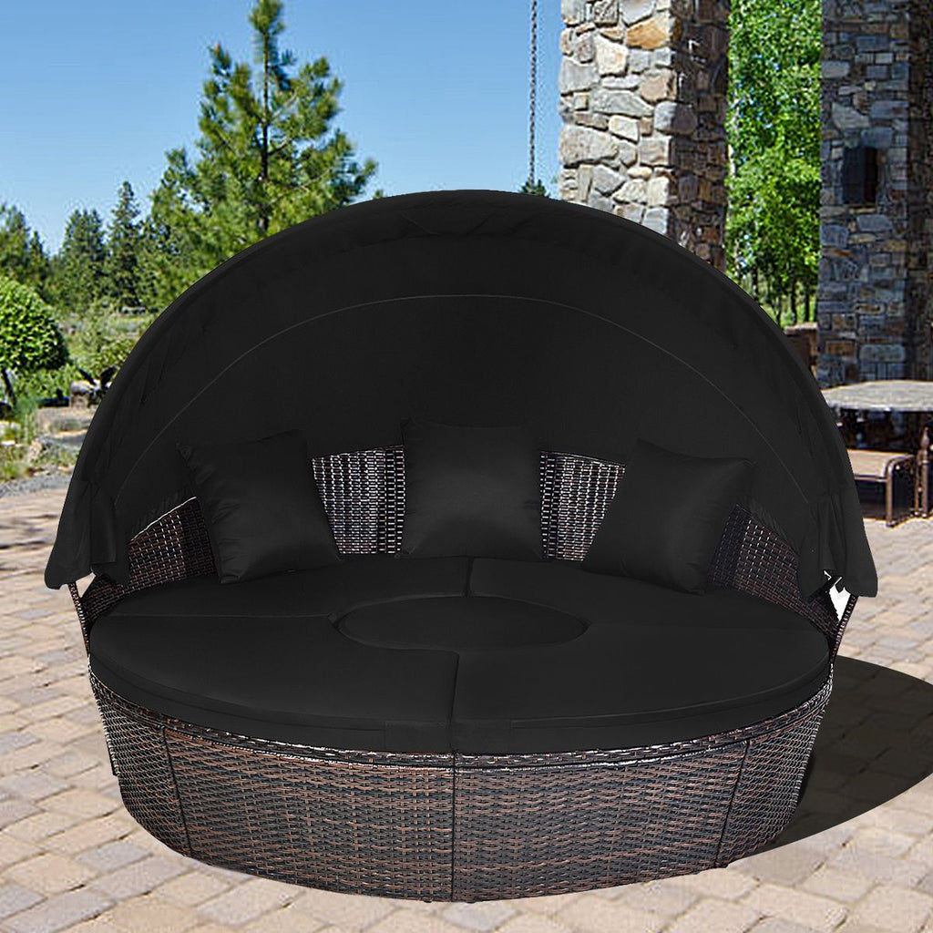Lit de Jardin Rond d'Exterieur Table Relevable Modulable & Convertible - Pare Soleil Réglable rotin PE Coussins Inclus Noir -