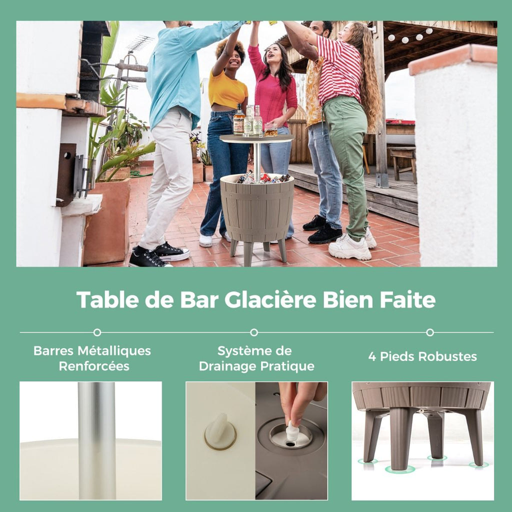 Table Glacière 37L pour Jardin 3 en 1 avec Plateau Télescopique Seau à Glace d'Extérieur pour Cocktails Bière Ø48x58/83cm Marron+Blanc -