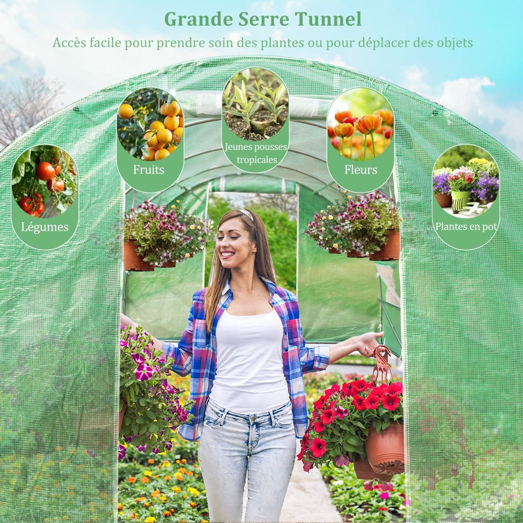 Serre de Jardin Tunnel Cadre en Acier Galvanisé Robuste Serre Tunnel Coupe-vent avec Cerceau 8 Fenêtres Enroulables Vert -