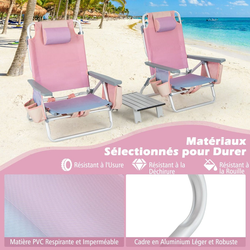 Lot de 2 Chaises de Camping Plage Pliante Table Enroulable en Aluminium Appui-tête Dossier Réglable à 5 Positions 6 Couleurs au Choix -