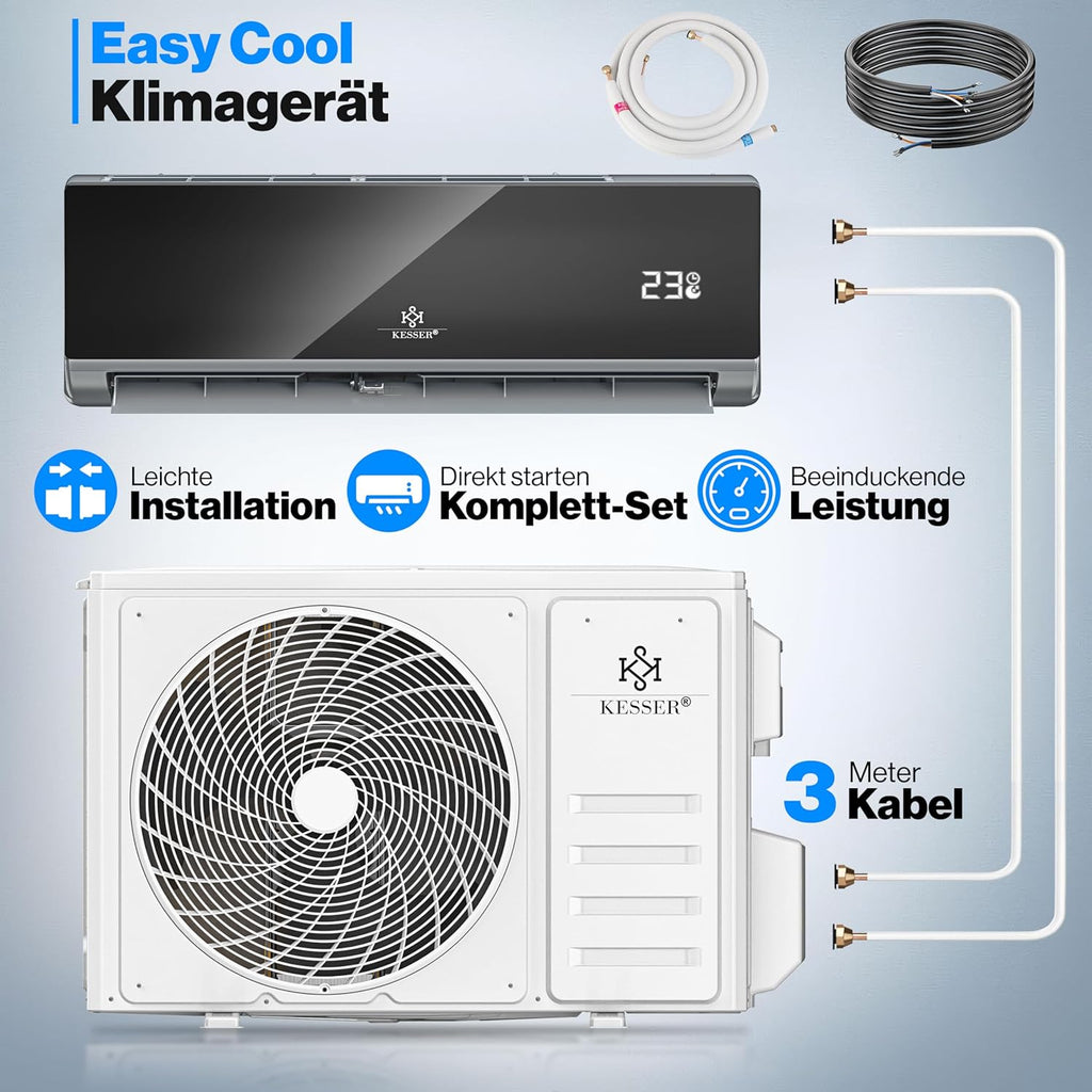 KESSER® Climatisation SET réversible - Climatiseur avec fonction WiFi/Application - Refroidissement A++/ Chauffage A+ Fluide réfrigérant R32 - Écran LCD Split 9000 BTU/h / 2600 Watt - Anthrazit