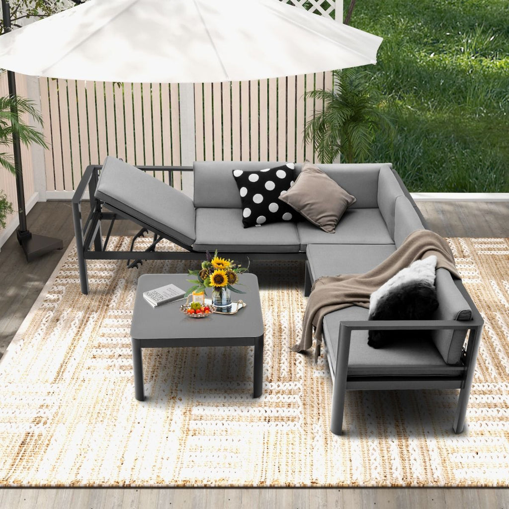 Salon de Jardin Extrieur avec Table Basse en Verre Tremp Canapavec Dossier Inclinable  6 Niveaux Coussins Inclus Gris -